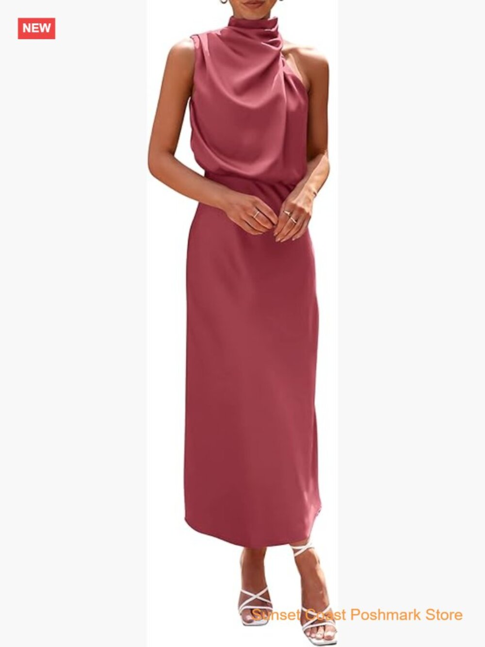 Sleeveless Mock Neck Maxi Dress Satin Cocktail Party Dress